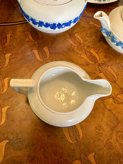 Antique Wedgwood Smear-Glazed Stoneware Egyptian Revival Creamer with Lavender Sprigged Grapes, c 1820-1840