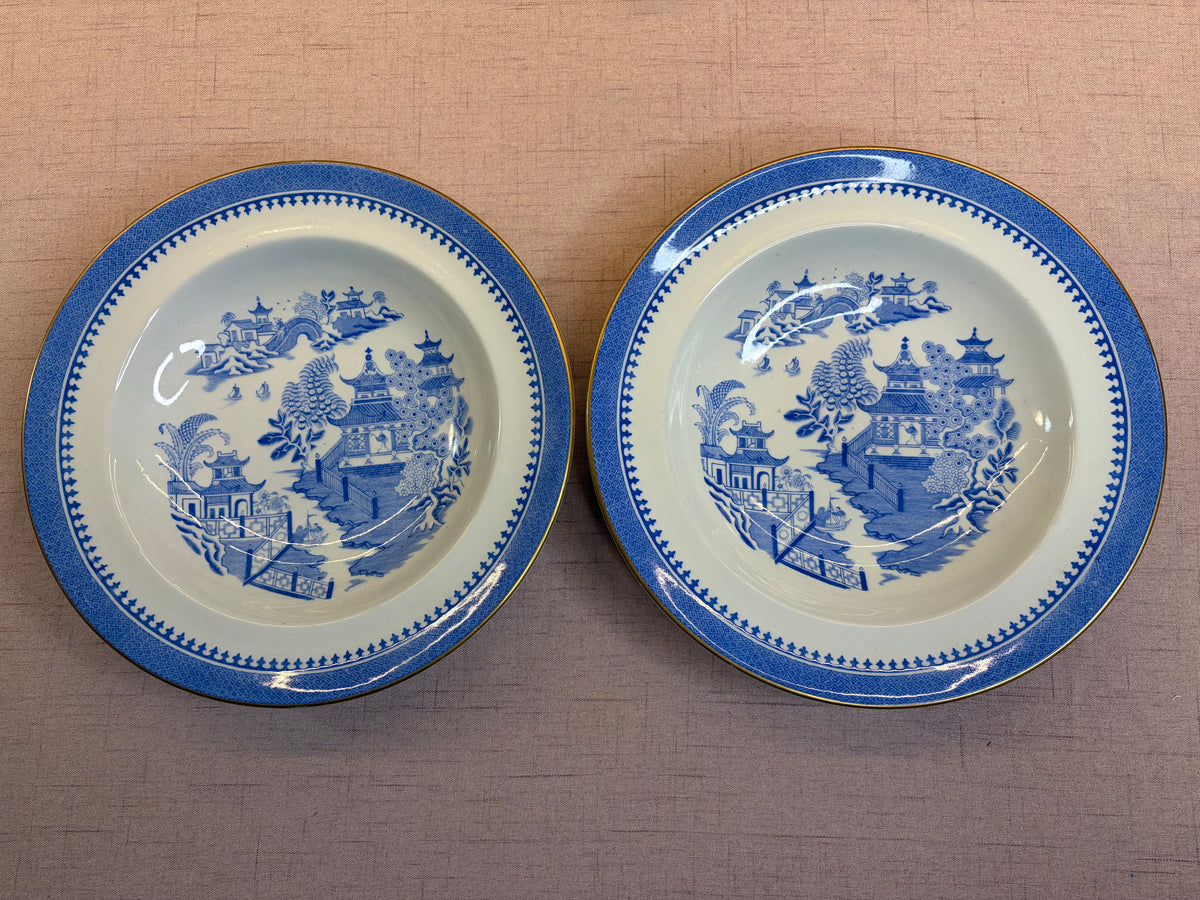 Stunning antique Royal Worcester Blue Willow large bowls with gold rim pair!
