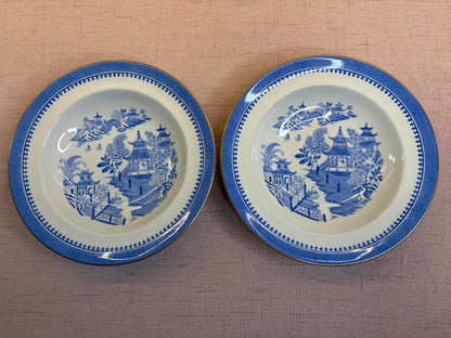 Stunning antique Royal Worcester Blue Willow large bowls with gold rim pair!