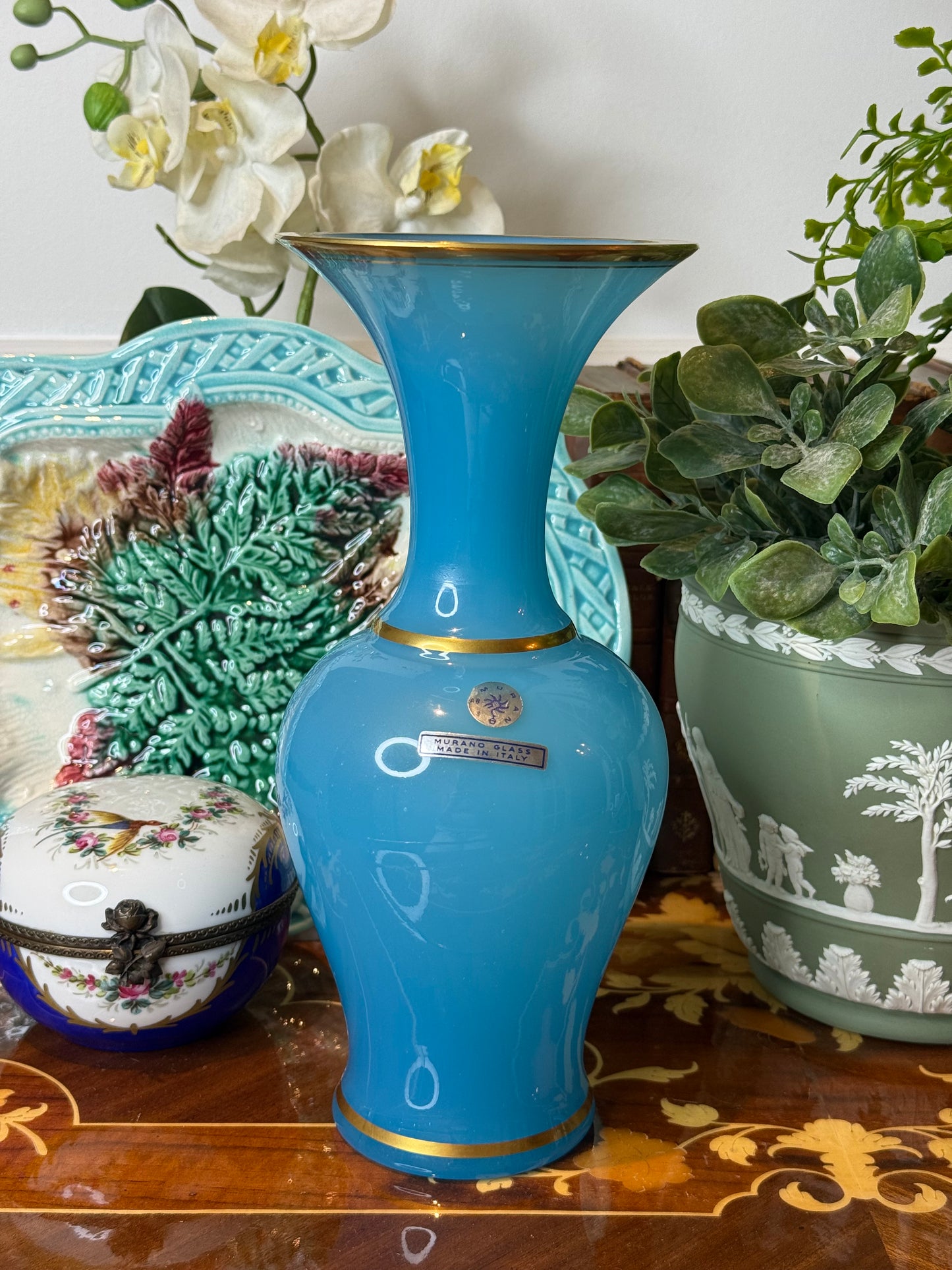 Vintage Murano Cenedese Turquoise Blue Opaline Glass Vase with Gold Trim | 10” Tall