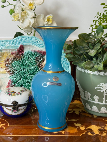 Vintage Murano Cenedese Turquoise Blue Opaline Glass Vase with Gold Trim | 10” Tall