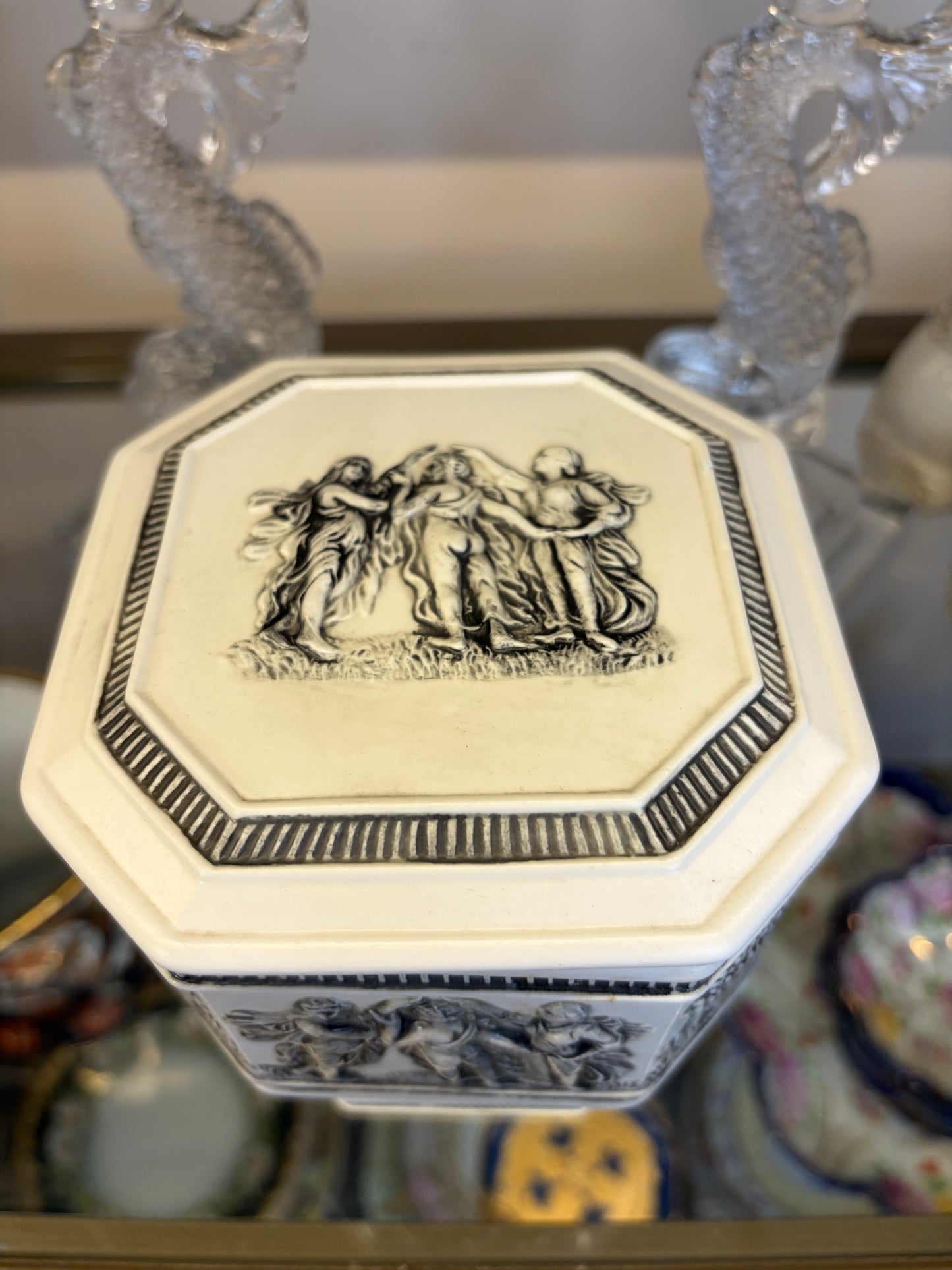 Lovely vintage porcelain bisque relief lidded pedestal dish with lions!