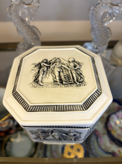 Lovely vintage porcelain bisque relief lidded pedestal dish with lions!