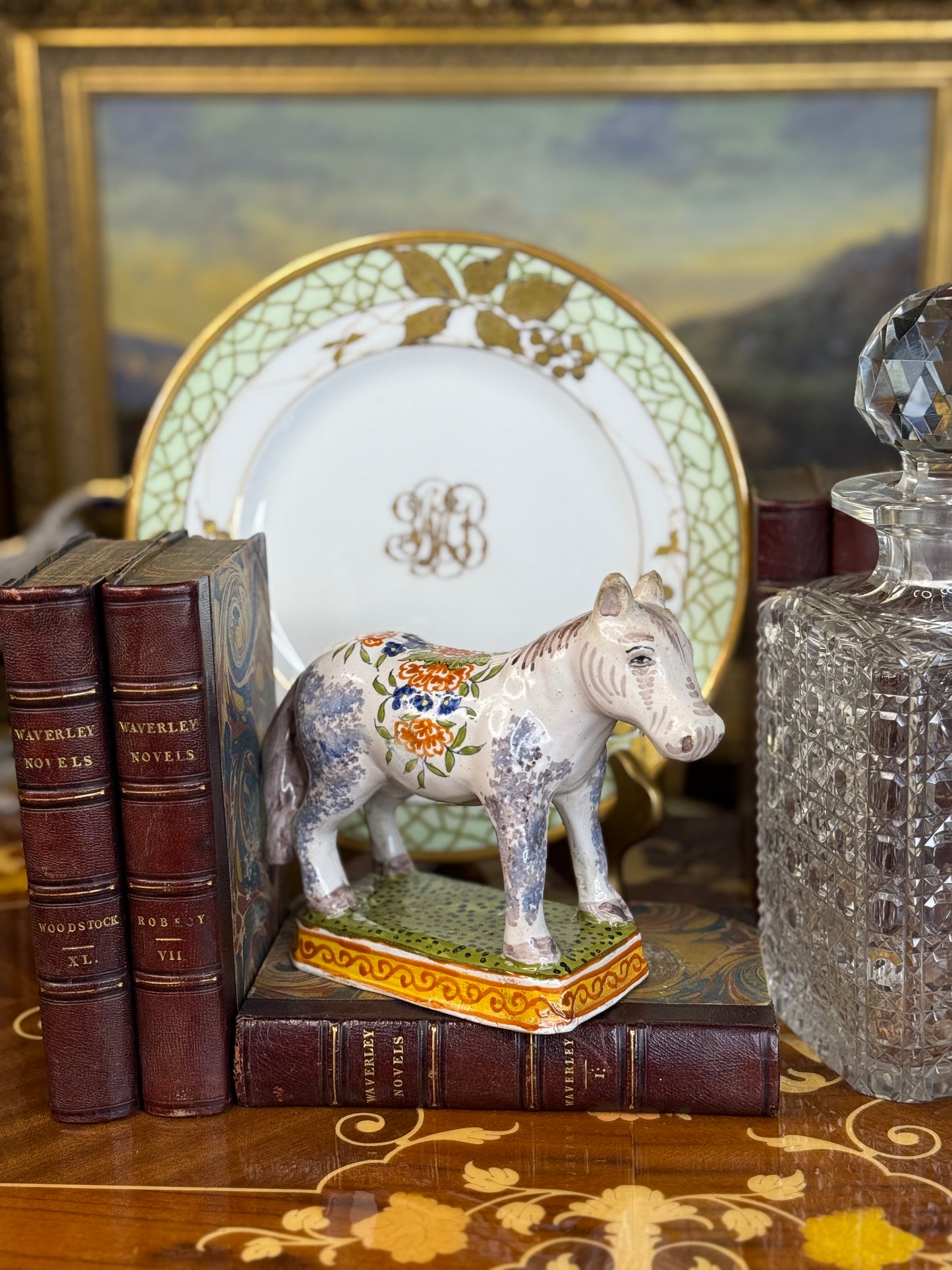 Antique French Faïence Donkey – Hand-Painted Desvres Pottery, Floral Saddle, c. 1880
