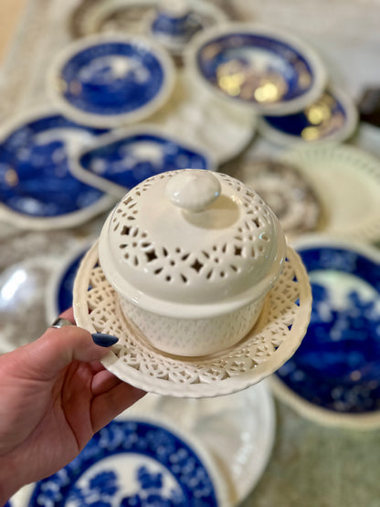 Vintage Hartley Greens & Co. Leeds Creamware Pierced Covered Butter Dish