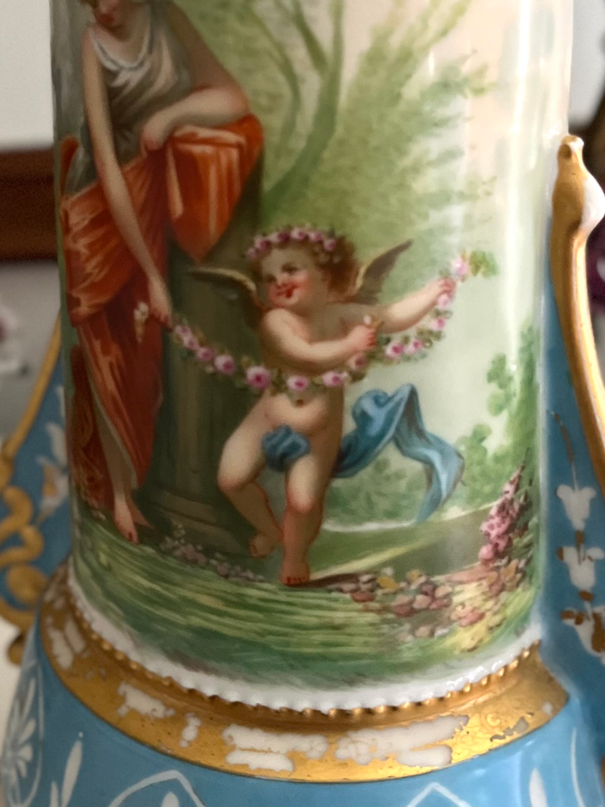 Antique French Paris Porcelain Tripod Vase, Bleu Céleste, Hand-Painted Maiden & Cupid, c. 1870