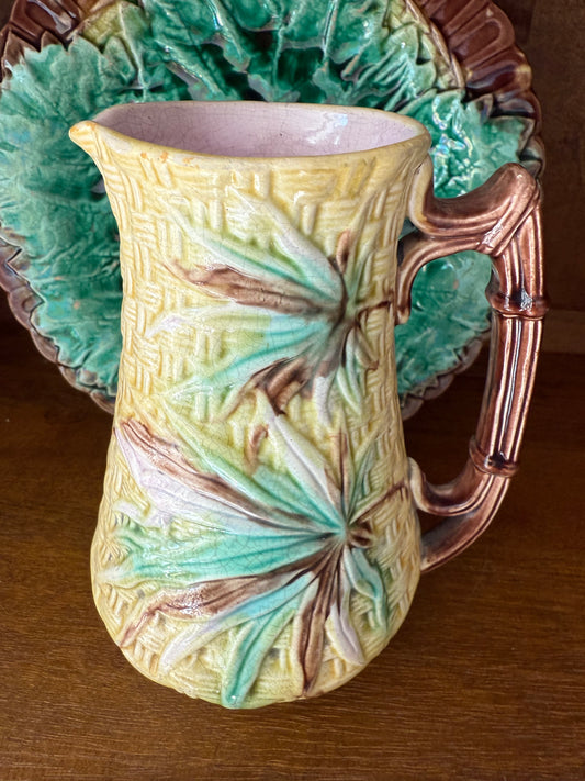 Antique English Majolica 6.5” Basketweave & Bamboo Pitcher by Banks & Thorley