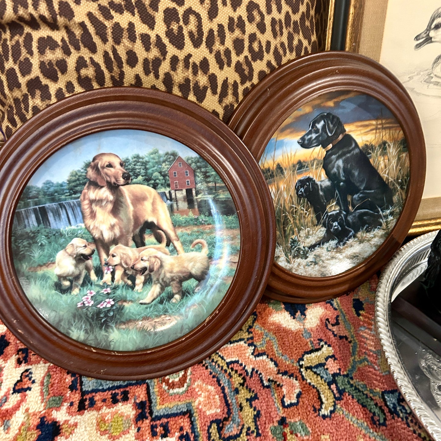 Set of 2 vintage wood framed lab & golden  collectors dog plates