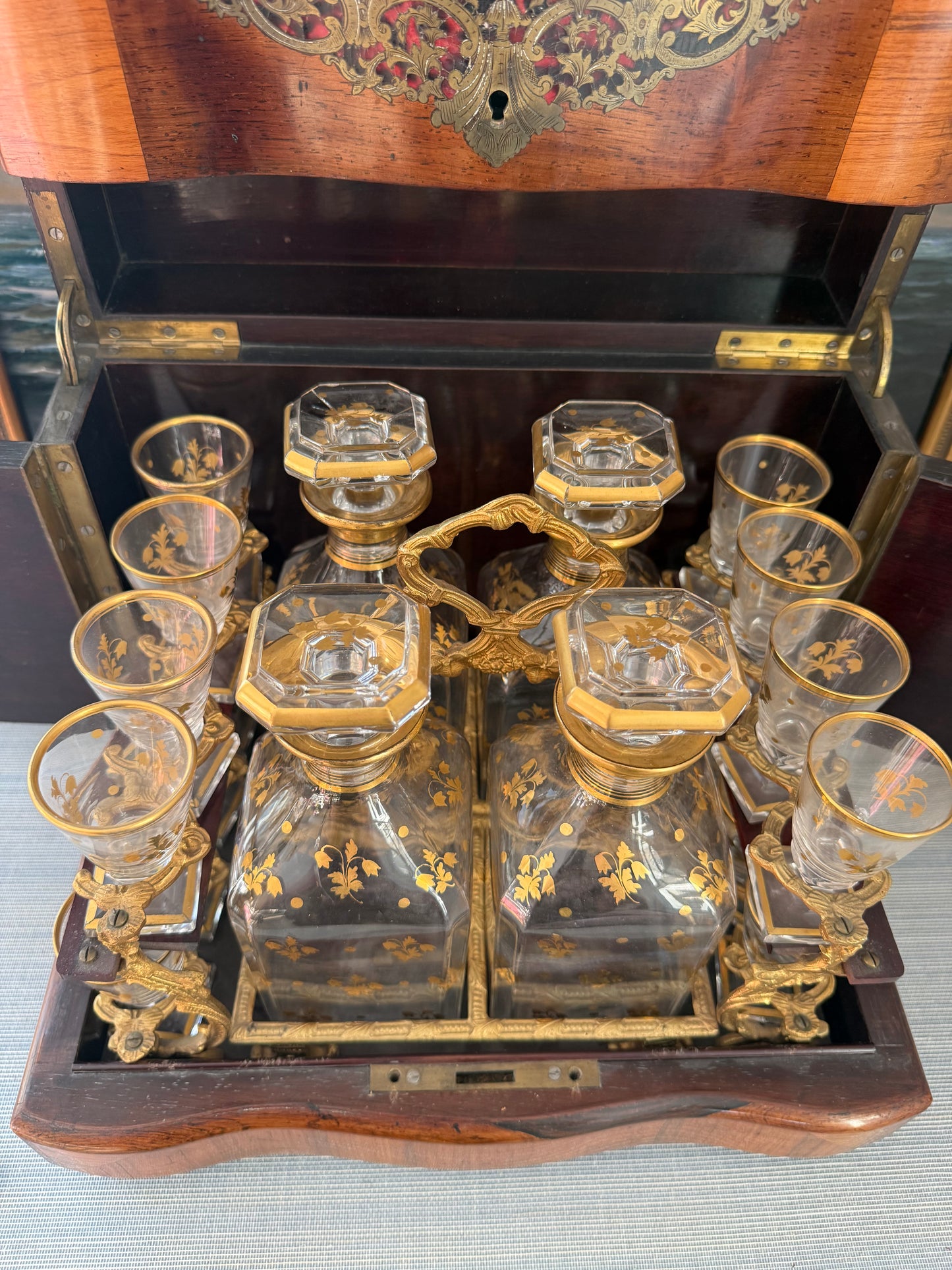 Reserved D (2) - Stunning Antique French Monogrammed Tantalus with 16 Cordials, 4 Decanters & Key