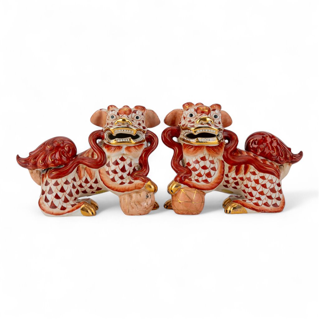 Danny’s Fine Porcelain - Rust & White Spaniel Foo Dog Figure Pair W/ Gold Accent (2 sizes to choose)