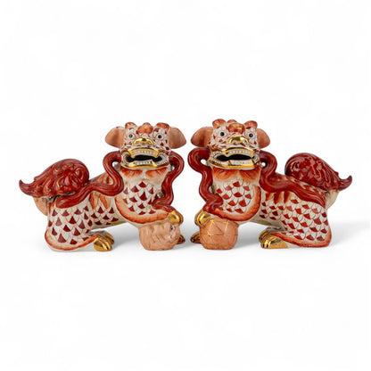 Danny’s Fine Porcelain - Rust & White Spaniel Foo Dog Figure Pair W/ Gold Accent (2 sizes to choose)