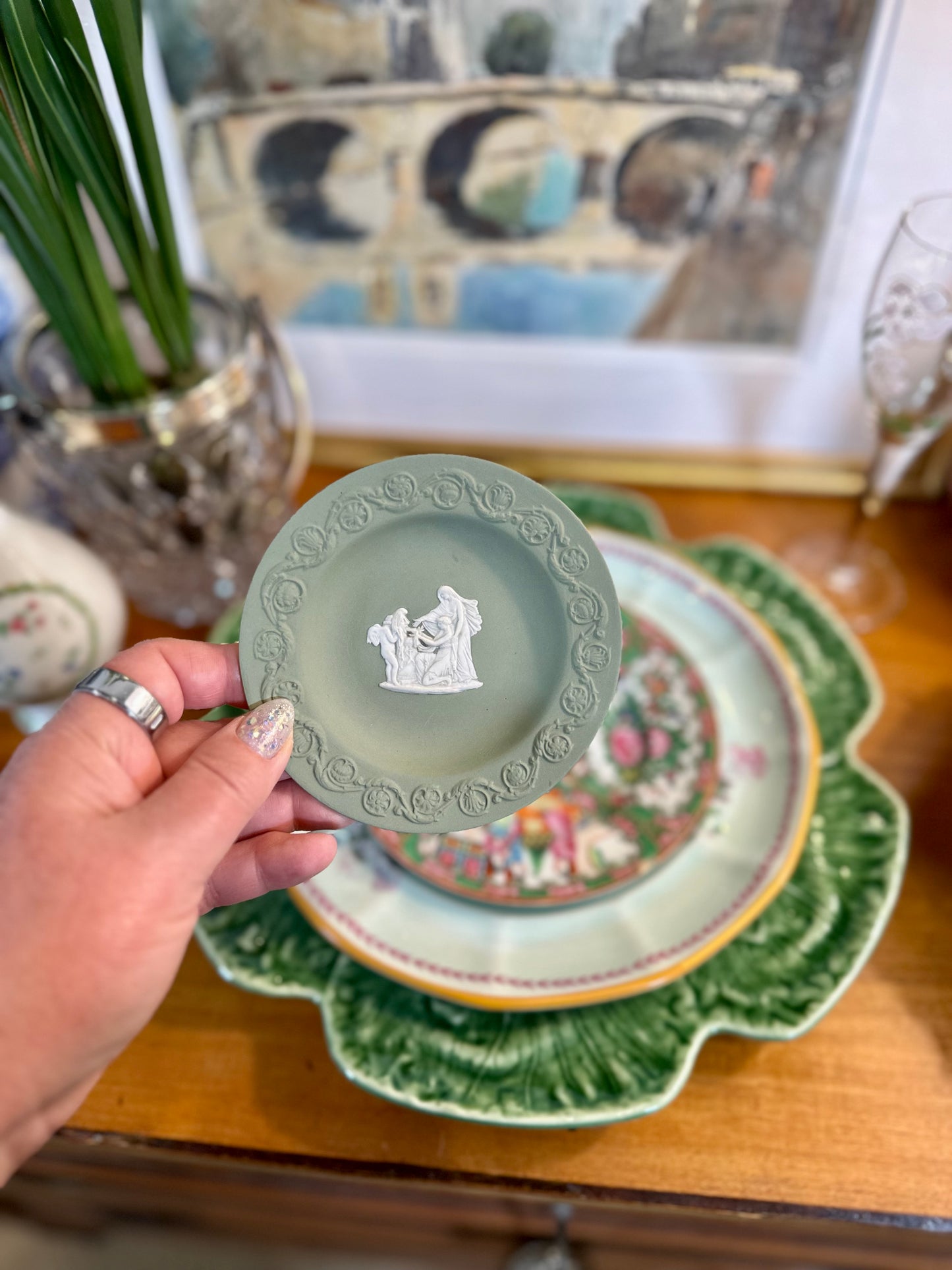 WEDGWOOD Sage Green Jasperware “Patrician” Round Tray / Sweet Dish, 4.5”