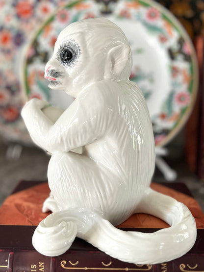Signed Italian Capuchin Monkey Ceramic Figurine Holding Orb | Mid 20th Century