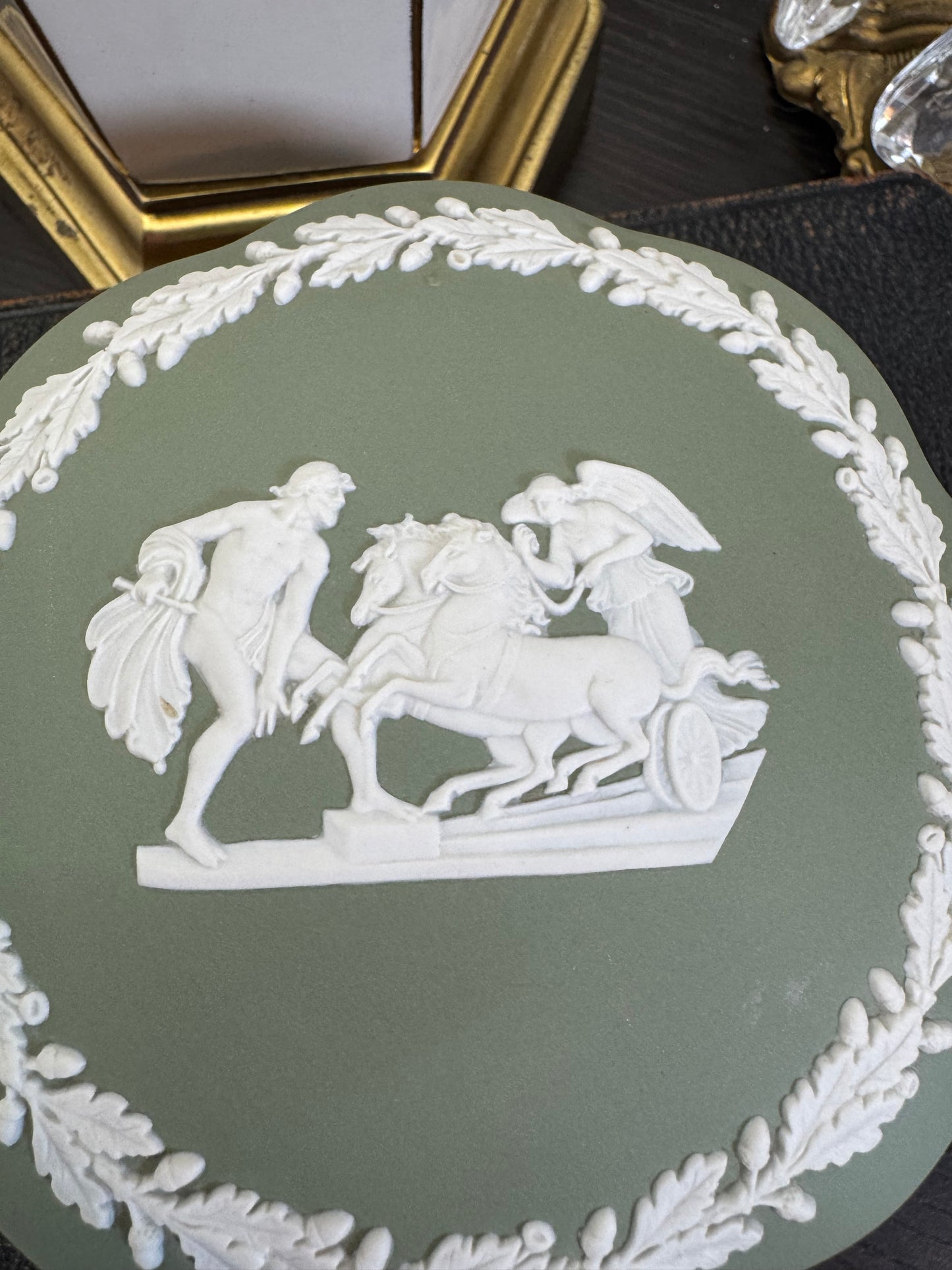 Wedgwood sage green and white flower shape box
