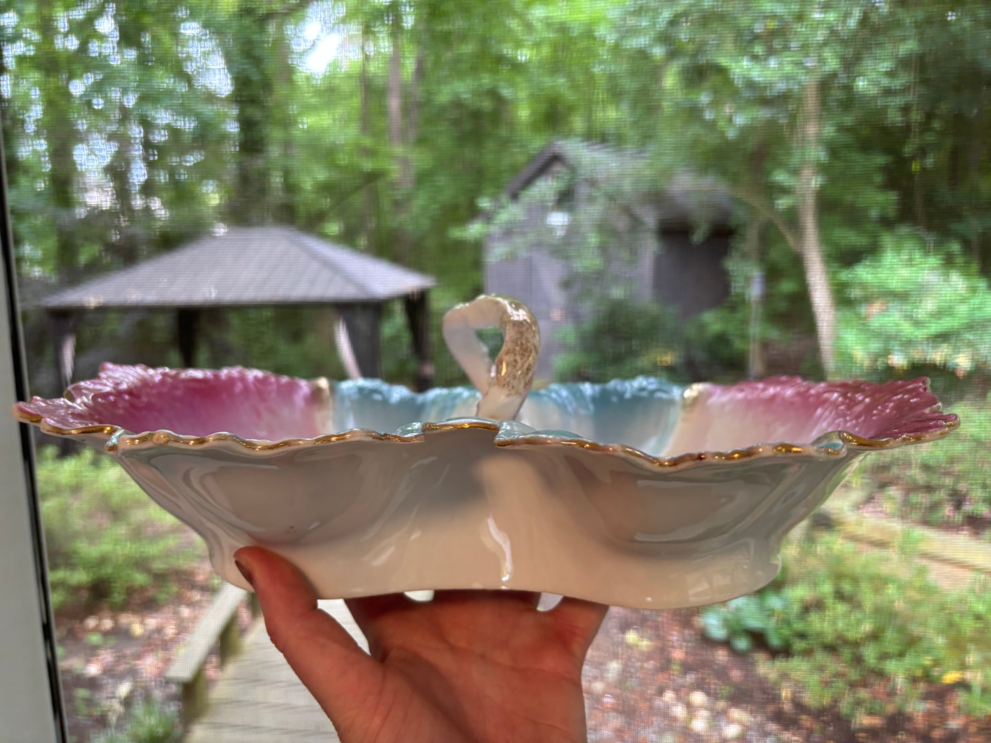 Beautiful decorative pink and blue floral dish with handle!
