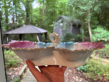 Beautiful decorative pink and blue floral dish with handle!