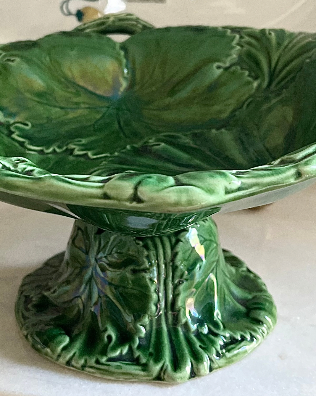 Bid No-presell Live 06/15 Mid-19th Century Copeland Majolica Strawberry Leaf Compote | English Pedestal Centerpiece