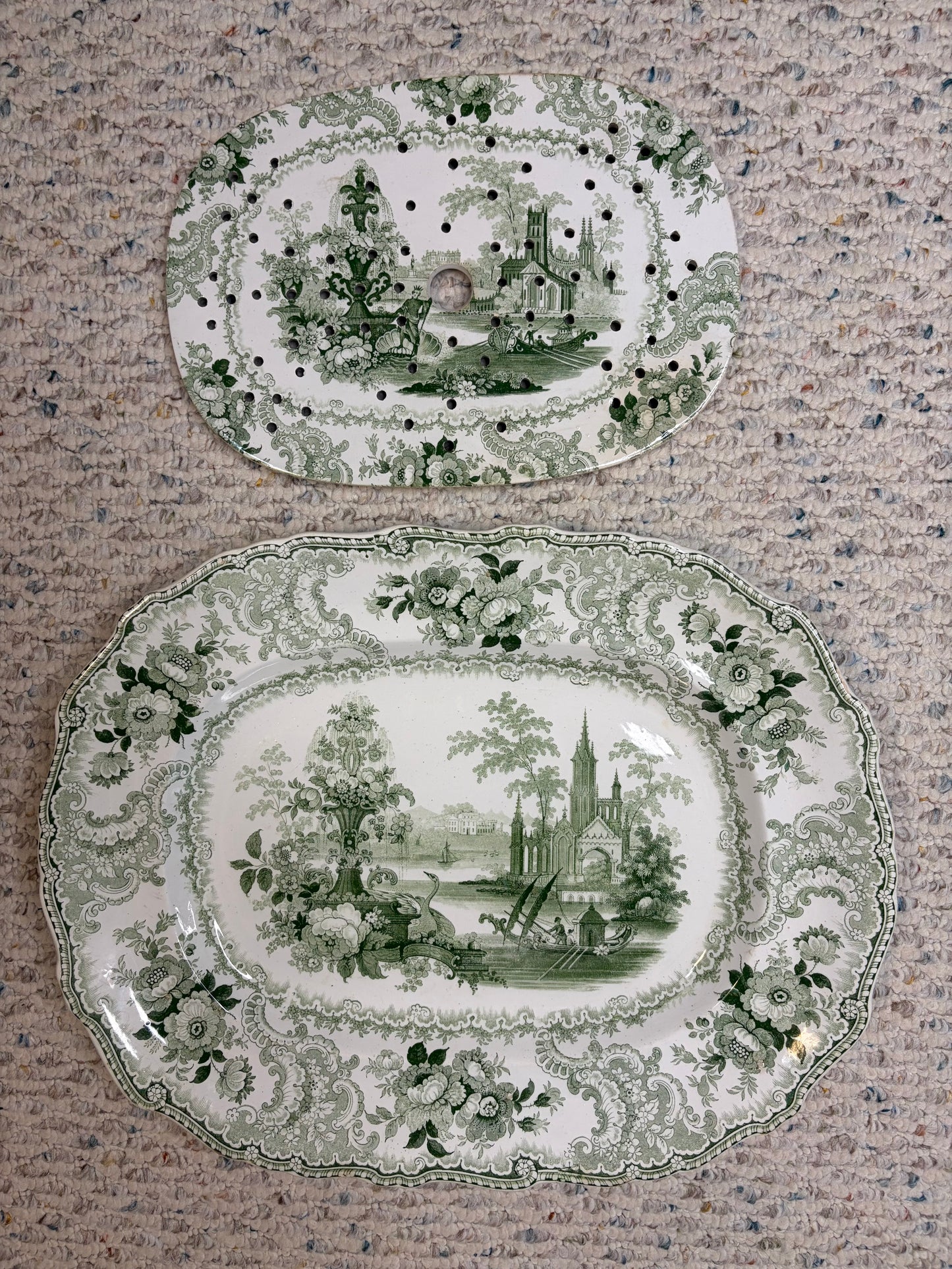 Stunning antique William Adams & Sons "Fountain Scenery" green and white transferware platter with strainer!