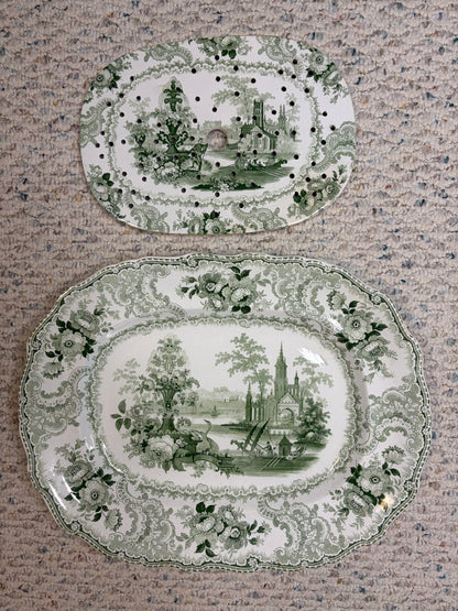 Stunning antique William Adams & Sons "Fountain Scenery" green and white transferware platter with strainer!