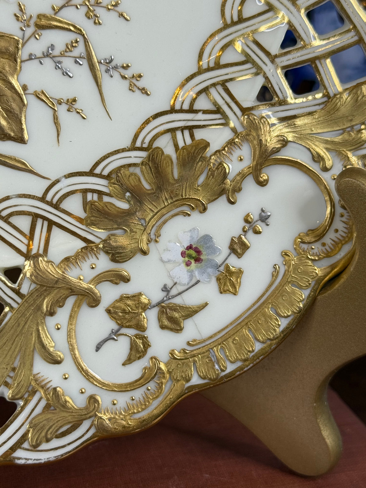 Minton for Phillips & Pearce London Pierced Floral Cabinet Plate | Gilt, White & Polychrome | Pattern G4708 | c.1880 | 9.5” D | #DA4600