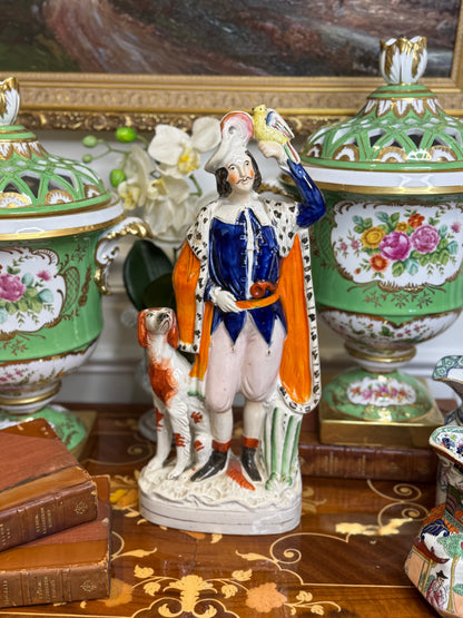 Antique Staffordshire Figure of Huntsman with Dog & Bird – 14” Tall Hand-Painted English Pottery