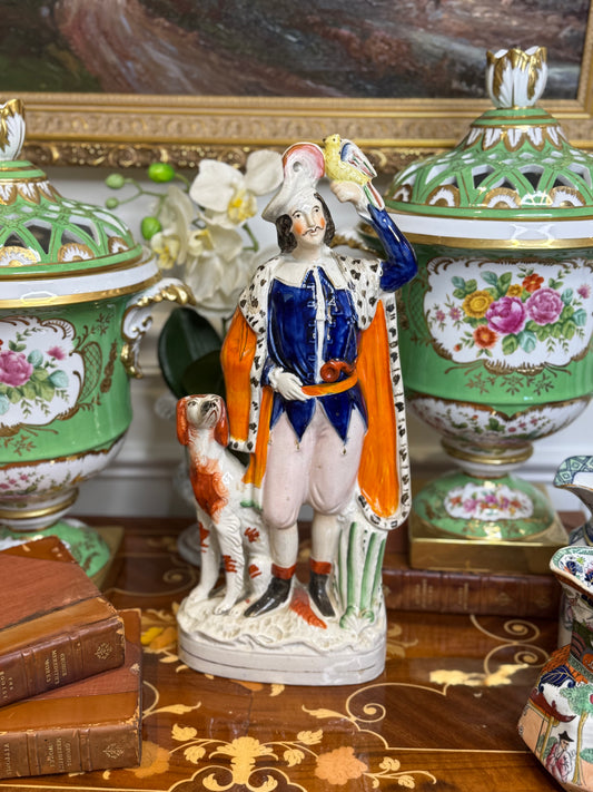 Antique Staffordshire Figure of Huntsman with Dog & Bird – 14” Tall Hand-Painted English Pottery