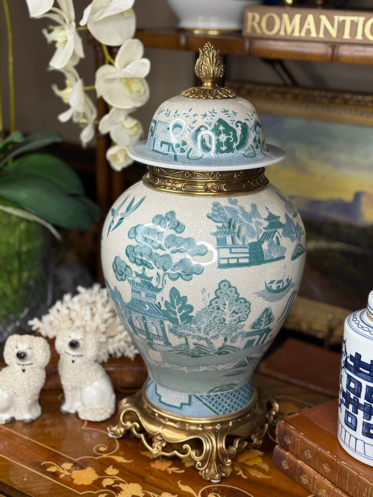 Danny's Fine Porcelain: Turquoise Willow Pattern Bronze Ormolu Temple Jar: 19”Tall,10Lx10W