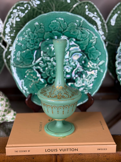 Antique Green Opaline Glass Perfume Bottle with Gilt Decoration, 8” Tall