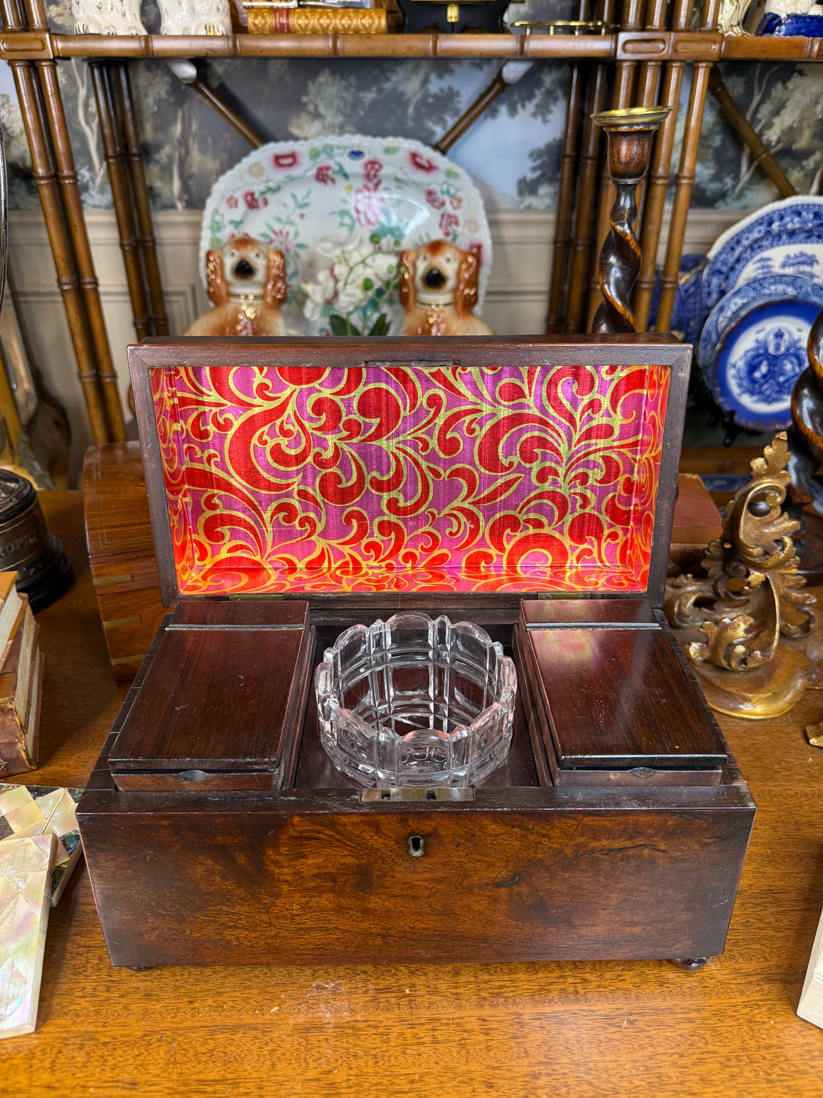 Antique Victorian Mahogany Smoking Compendium with Cut Crystal Tobacco Jar & Fitted Interior, c. 1890–1910 – 12”W