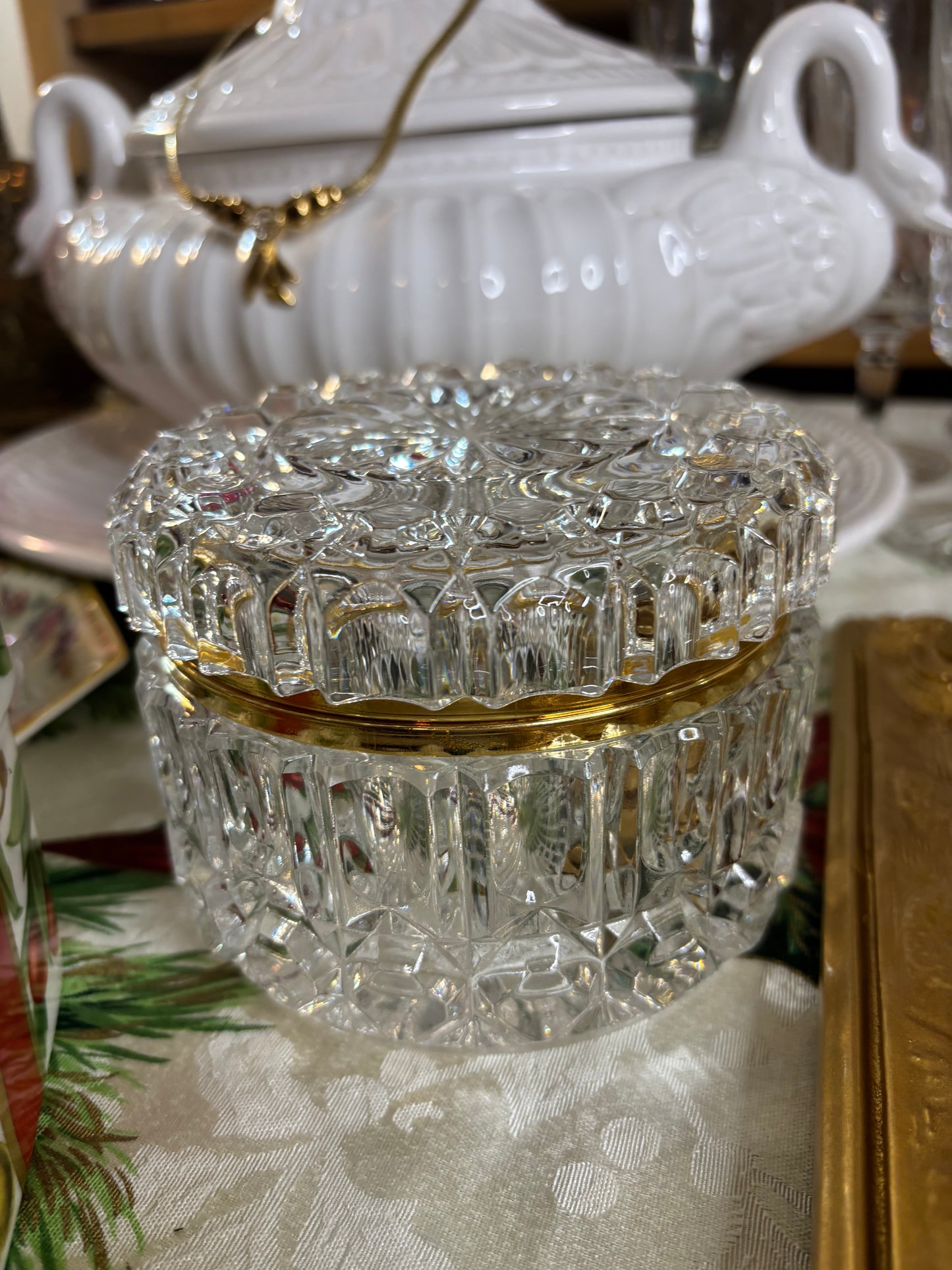 Beautiful round dresser box with brass detail!