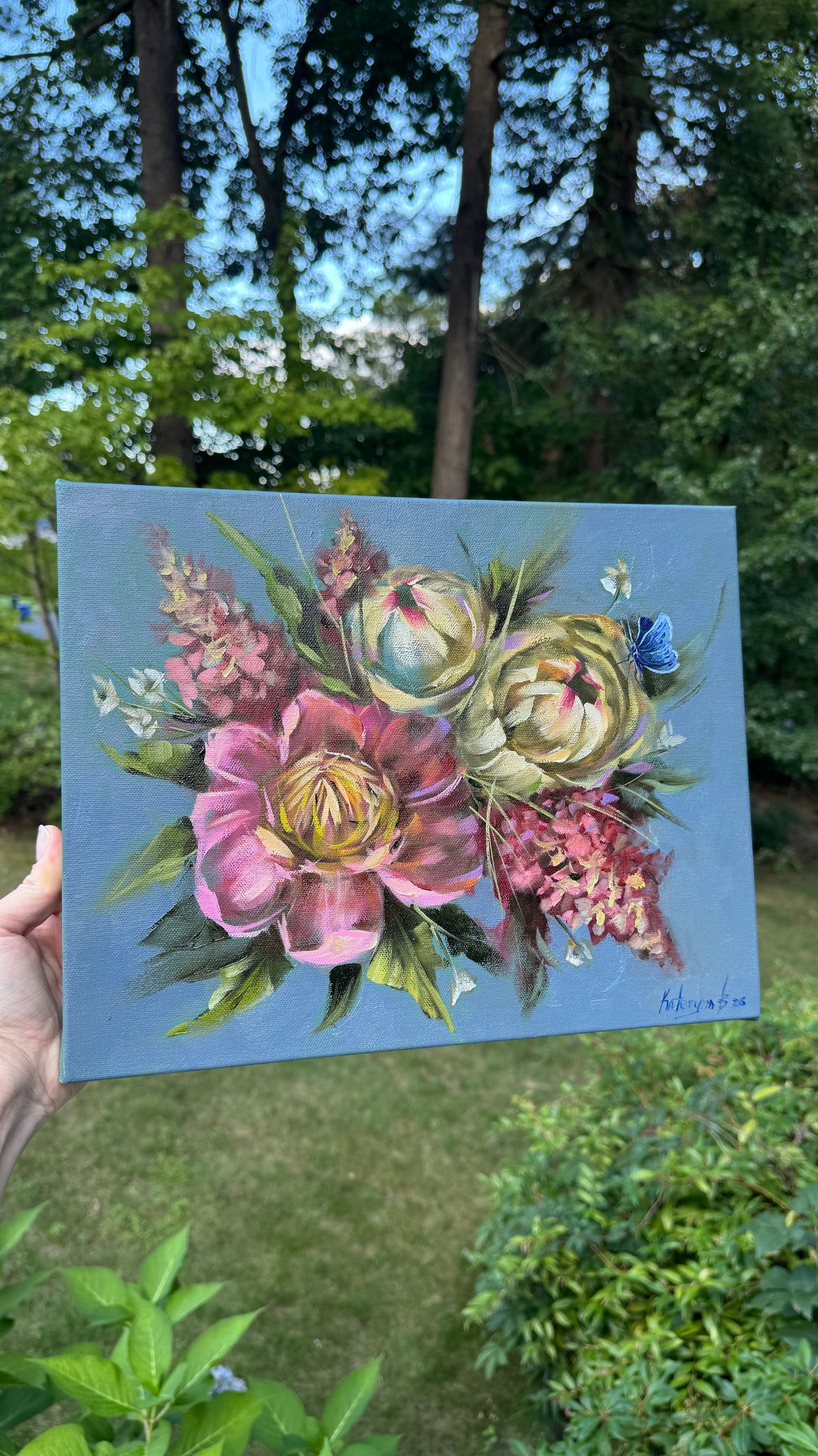 Pink and white peonies with pink hydrangeas original oil painting