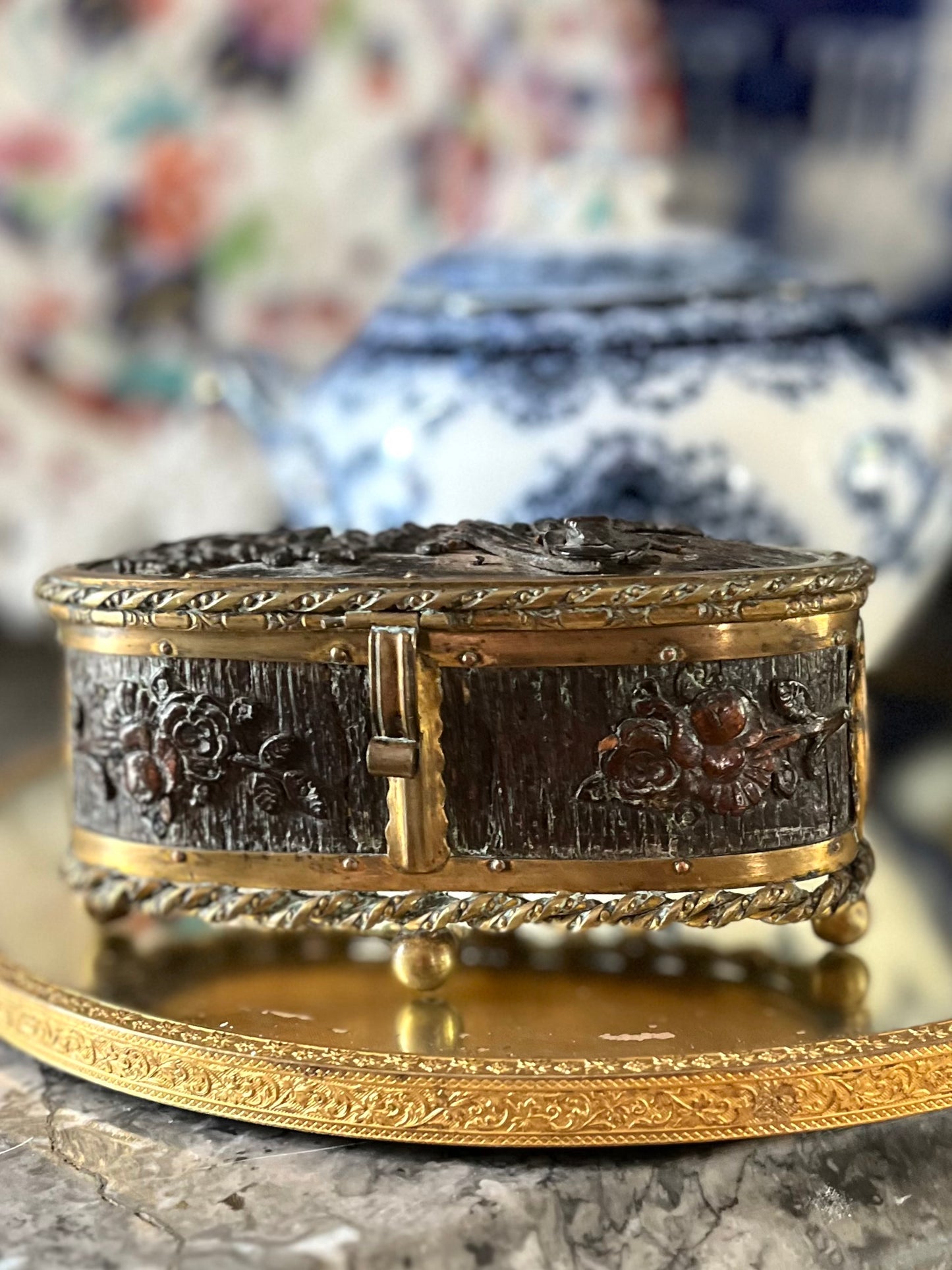Live 08/25 Antique French Napoleon III Bronze & Carved Wood Miniature Jewelry Casket