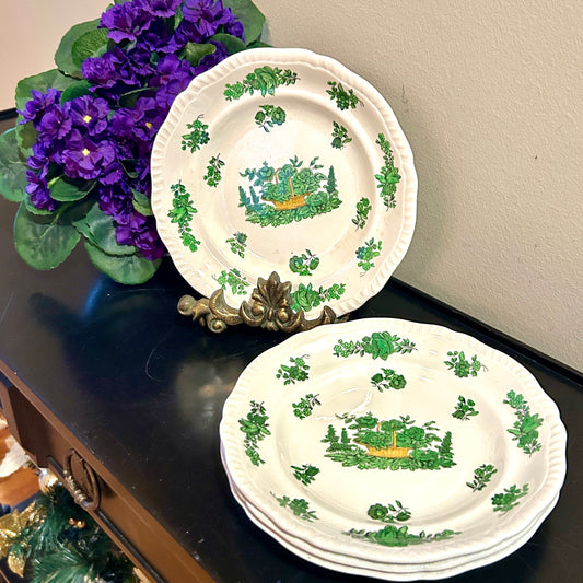 Set of 4 Rare Antique Copeland Spode Of England Green Bouquet salad plates
