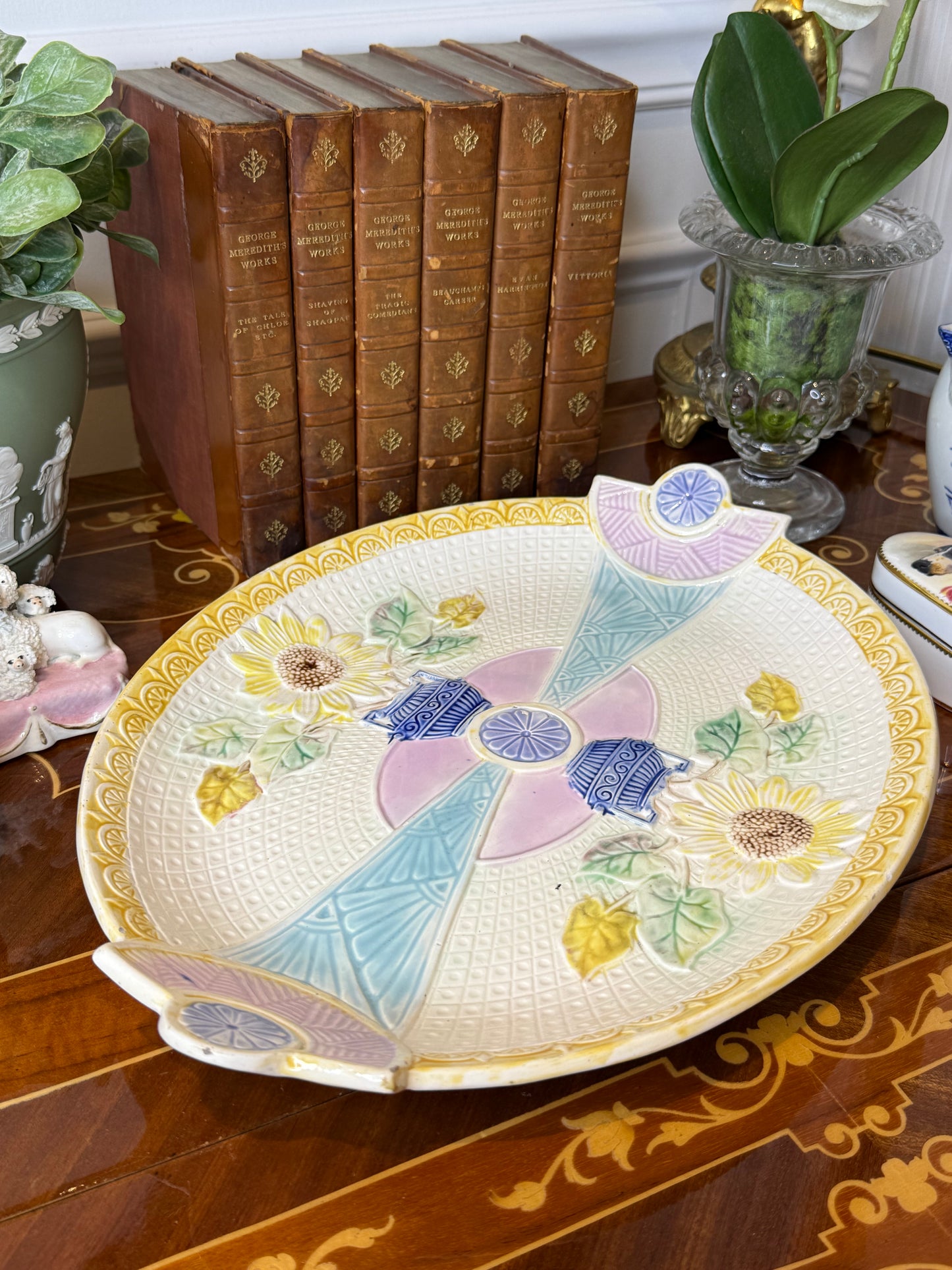 Antique Samuel Lear Aesthetic Period “Sunflower & Urn” Serving Platter, c.1883 | 14” x 10.5” | #DA4498