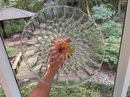 Stunning Val St. Lambert pedestal cake platter with gold plated base and floral detail!