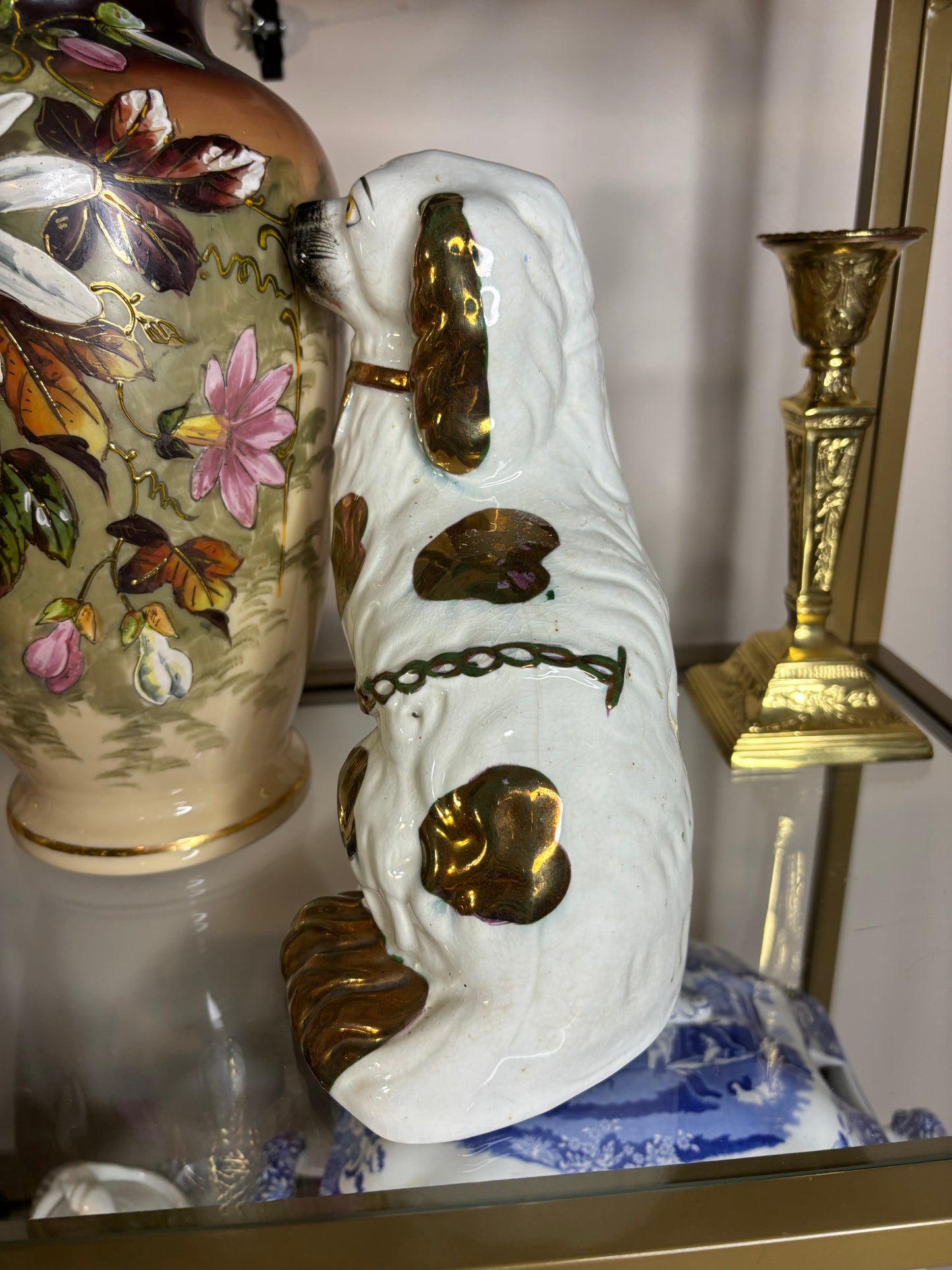 Stunning antique Staffordshire spaniel mantel dogs with lustre decoration pair!