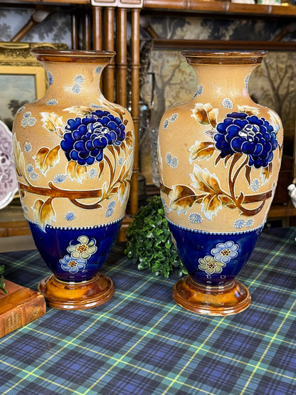 RESERVED - GRANDDIVA - Pair of Antique Royal Doulton Slater’s Patent Stoneware Floral Vases | Cobalt Blue & Ochre | c. 1905–1910