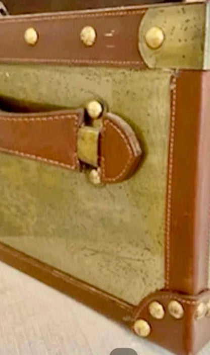 Massive Rustic chic brass and leather storage chest trunk 18 x 12