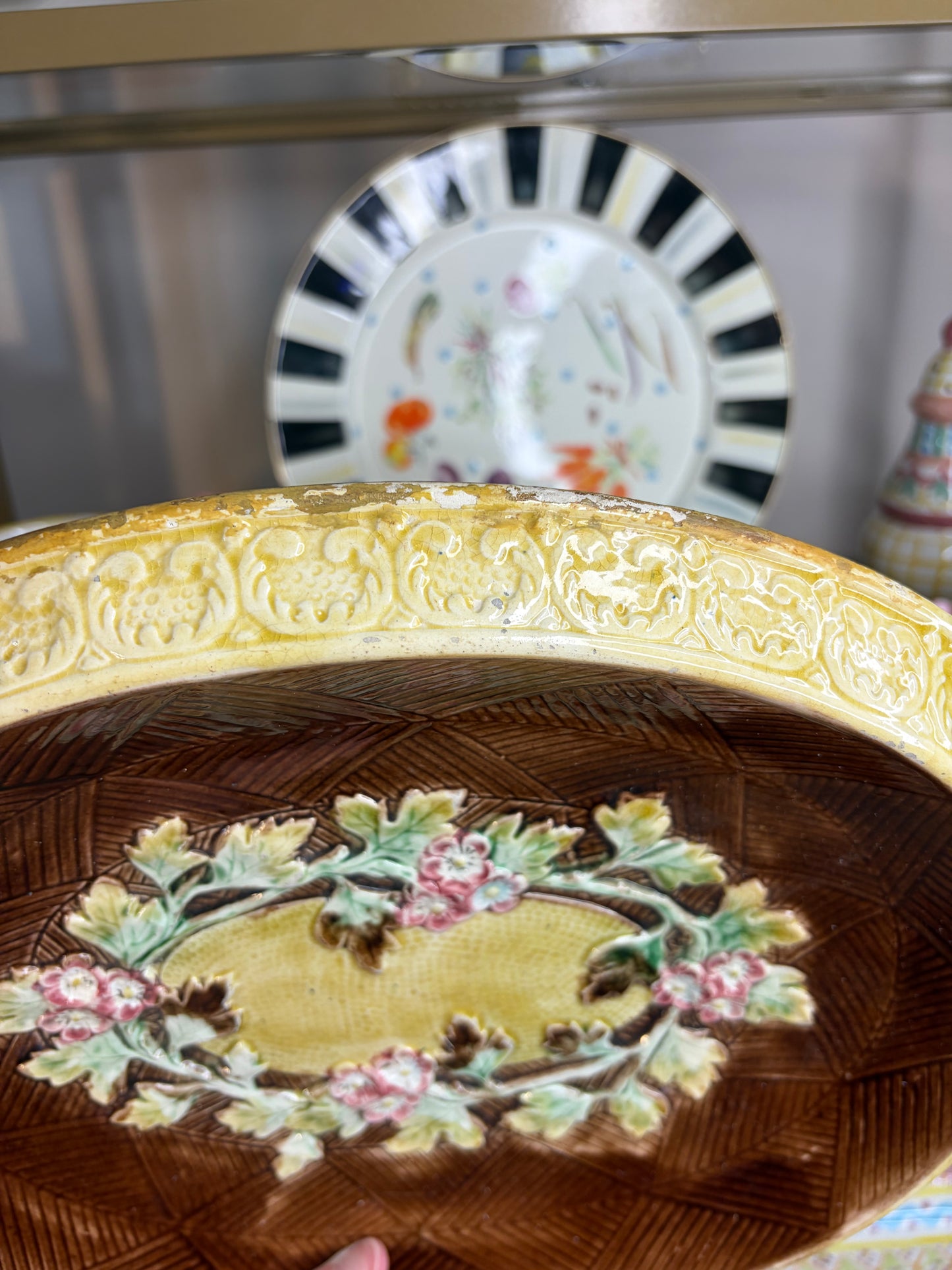 Antique Majolica bread platter with beautiful flowers!