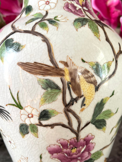 Gorgeous Large Antique Chinese Famille Rose Enamel Vase with Birds & Blossoms, Rolled Brown Rim