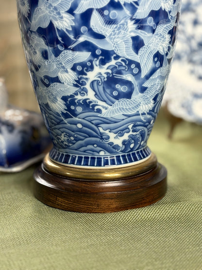 Reserved for Maria Pair of Frederick Cooper Blue & White Lamps featuring flying cranes