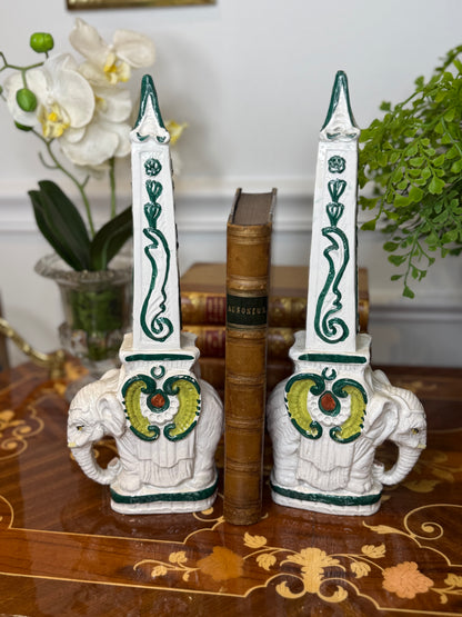 Vintage Italian Pottery Elephant Obelisk Bookends – Pair | 12.5” Tall