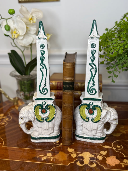 Vintage Italian Pottery Elephant Obelisk Bookends – Pair | 12.5” Tall
