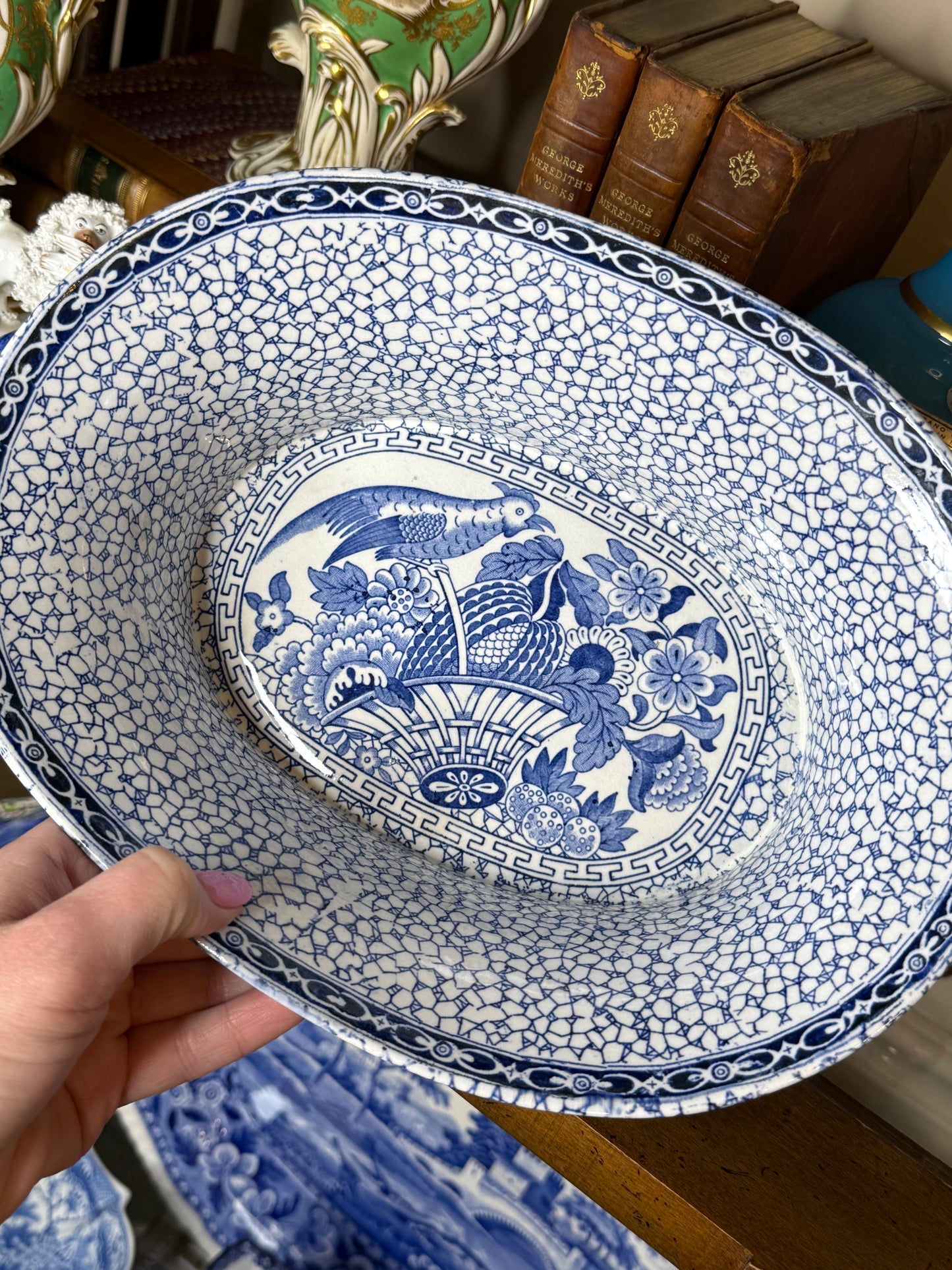 Adams Chinese Bird Pattern Chestnut Dish | Circa 1920 | 12" Handle to Handle x 8.75"D x 3.5"H | Style DA4513