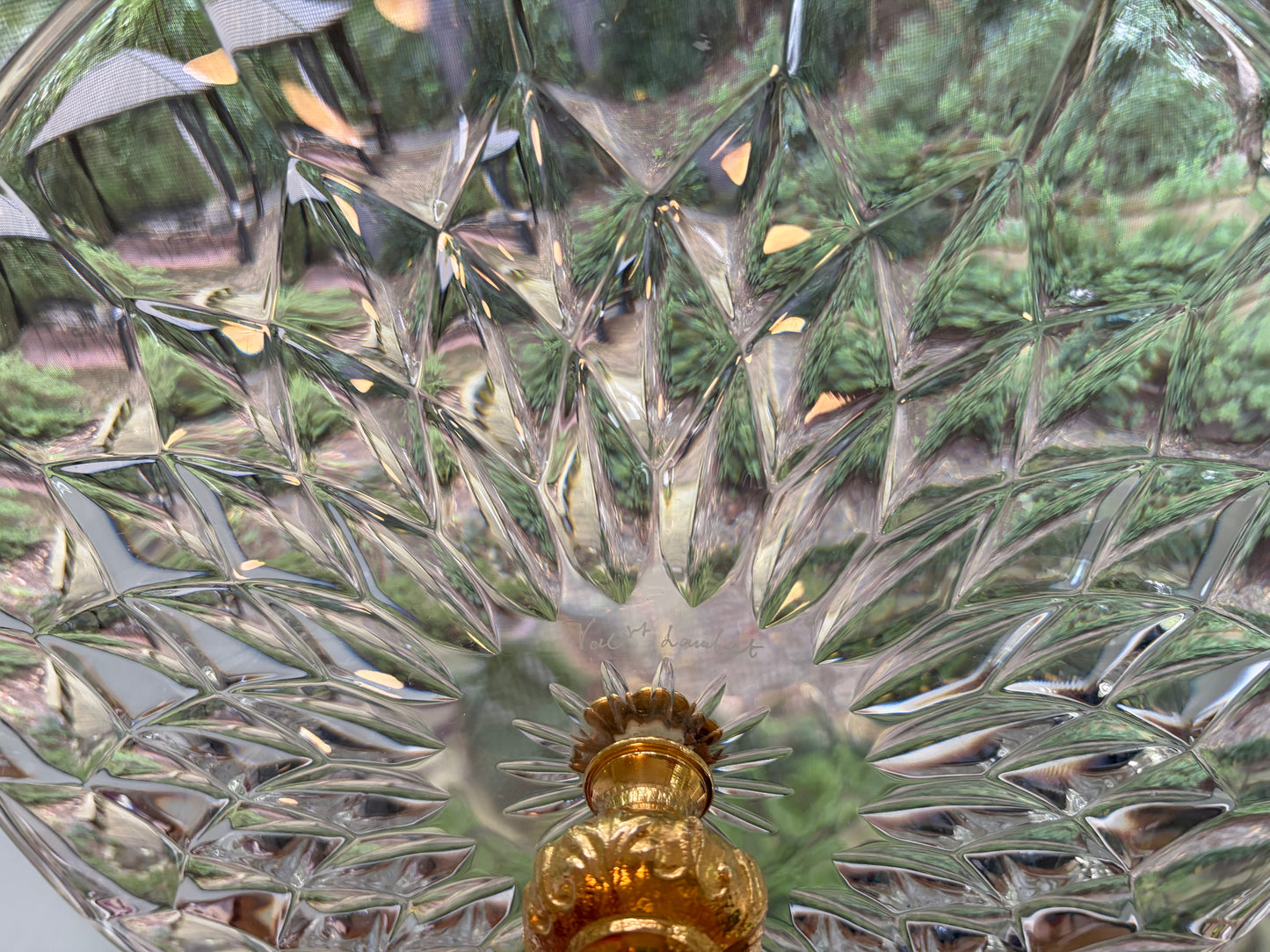 Stunning Val St. Lambert pedestal cake platter with gold plated base and floral detail!