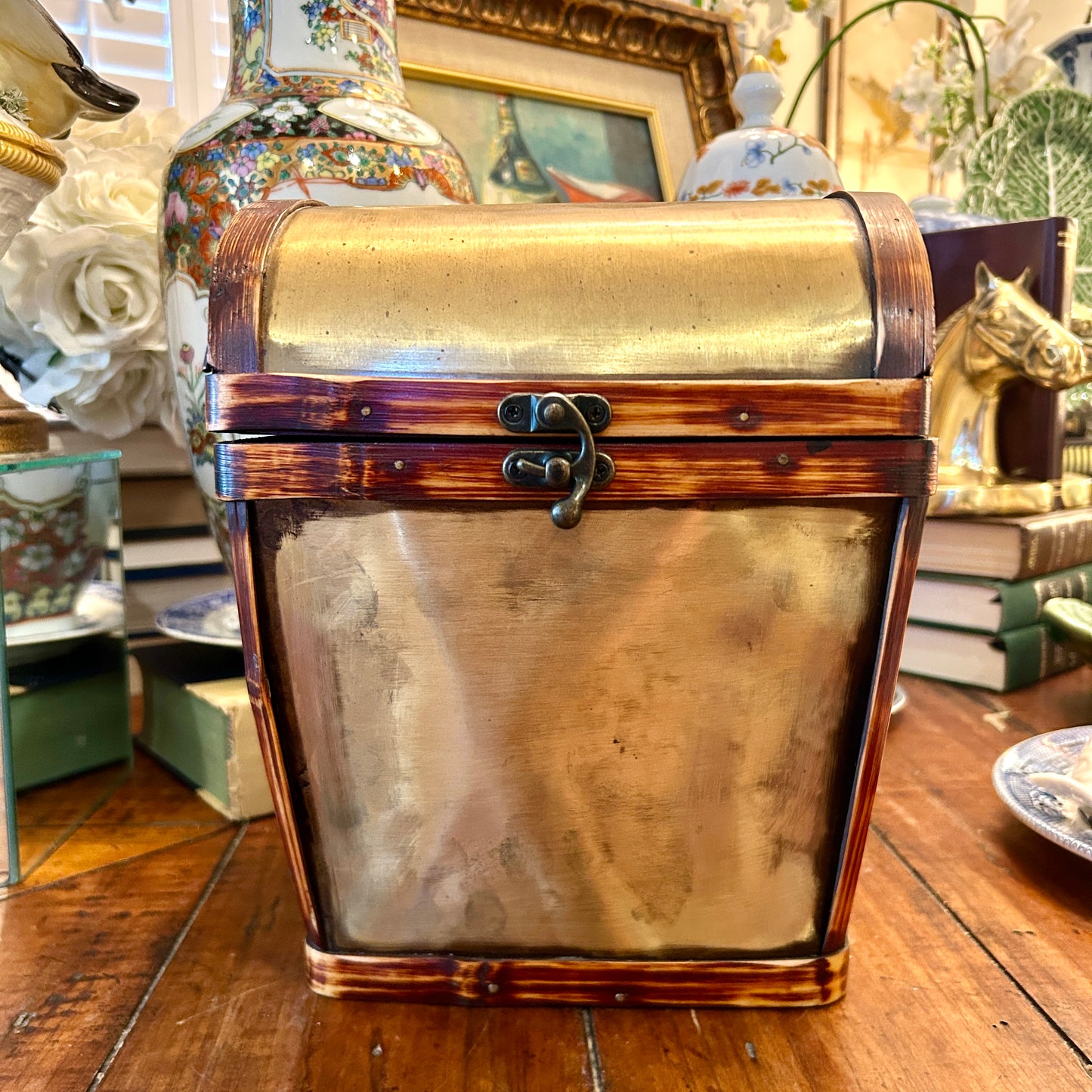 Chic Rustic brass and burnt bamboo storage chest trunk