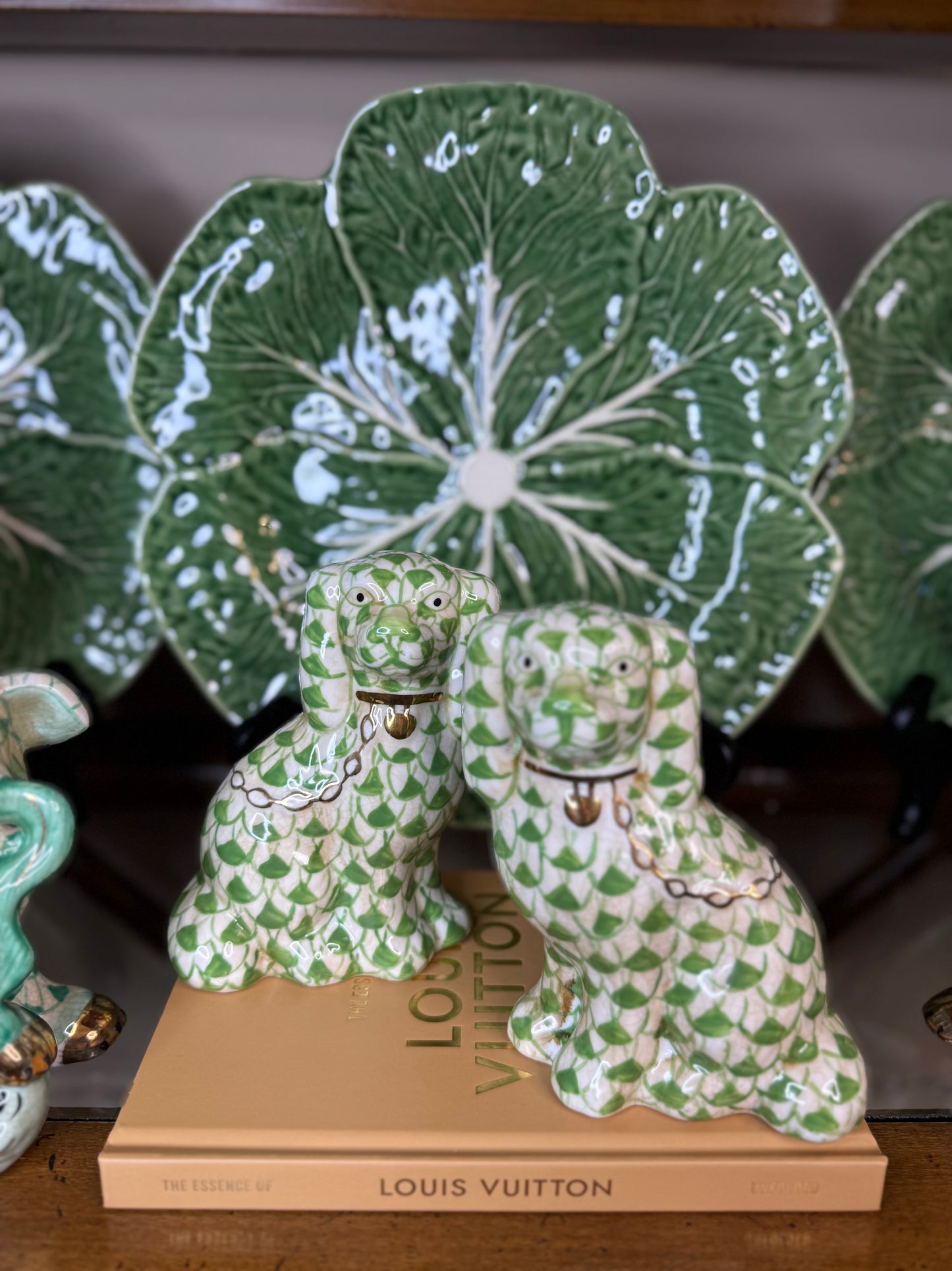 Danny’s Fine Porcelain | Fishnet Lime Green Spaniel Dog Figure Pair W/ Gold Accent (5.5”H X 9Lx2W)