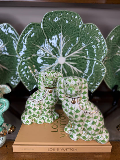 Danny’s Fine Porcelain | Fishnet Lime Green Spaniel Dog Figure Pair W/ Gold Accent (5.5”H X 9Lx2W)