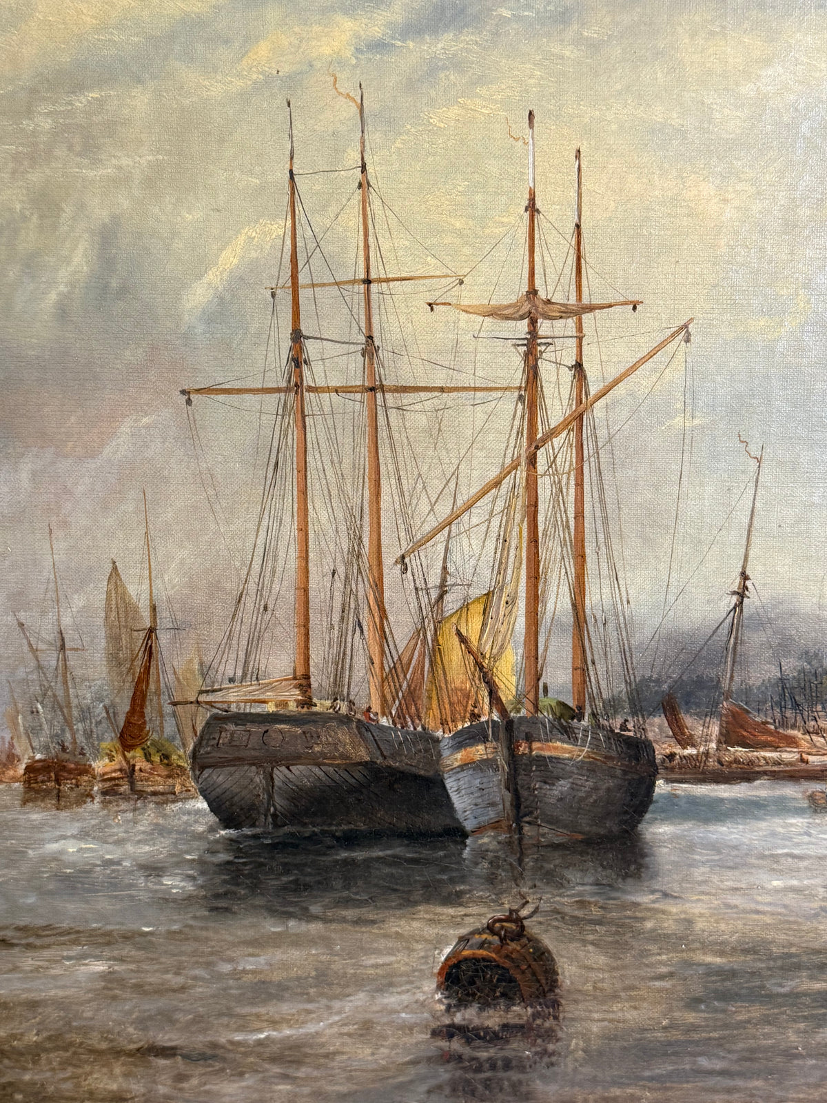 J. Edwards English Maritime Oil Painting “Ipswich Dock, Suffolk” | Signed/Inscribed 1879 | Original Gilt | Framed 27”H × 38”W