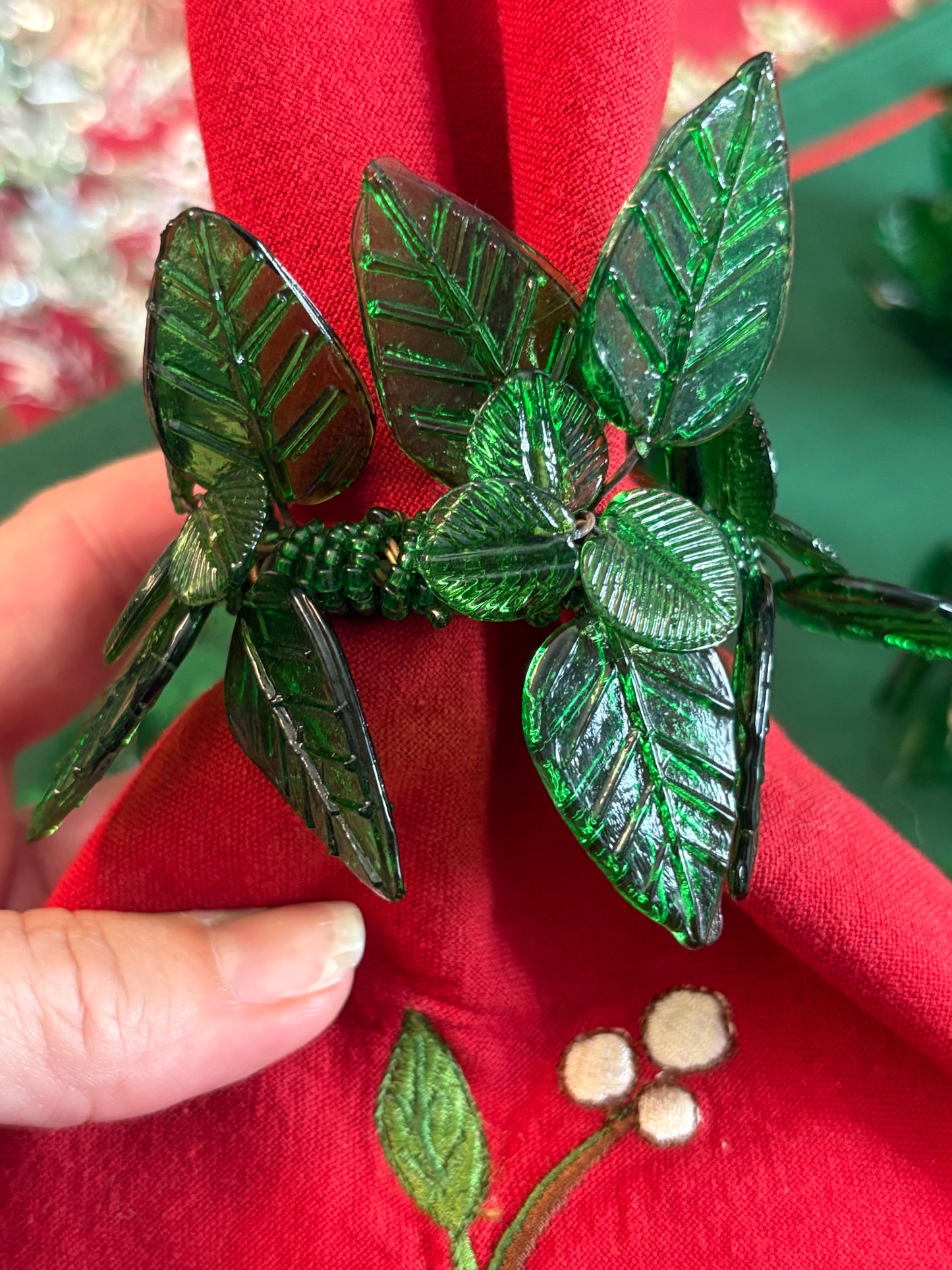 Set (6) Green Glass and bead Napkin rings